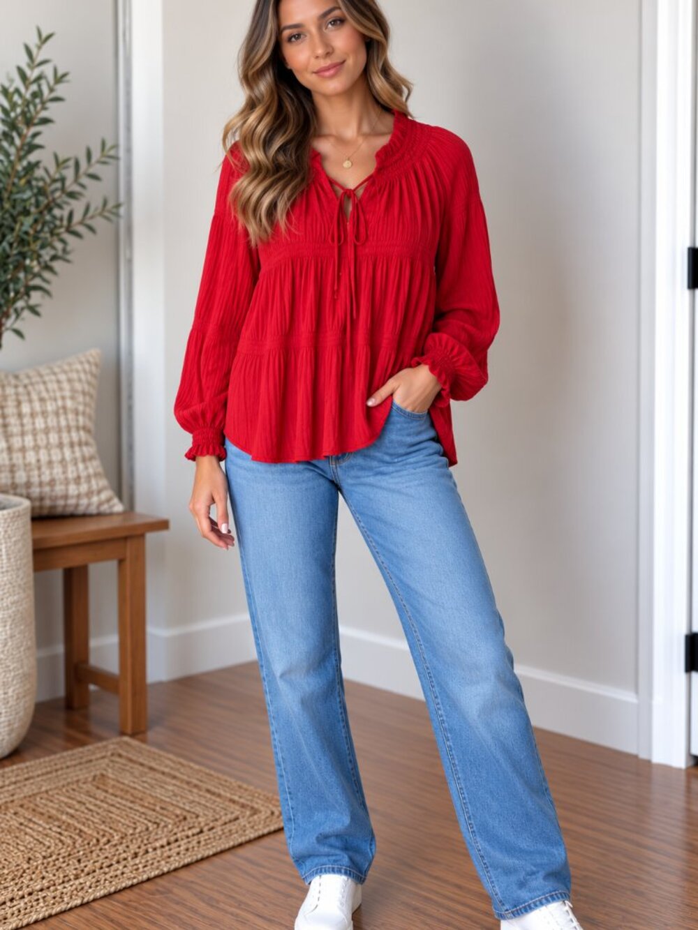 Jane and Delancey Vibrant Red Smocked-Paneled Tie-Neck Blouse
